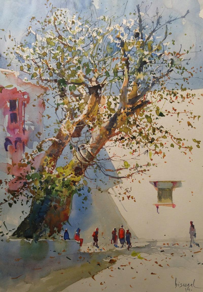 Cityscape watercolor painting titled 'Banyan Tree', 11x16 inches, by artist Bijay Biswaal on Paper