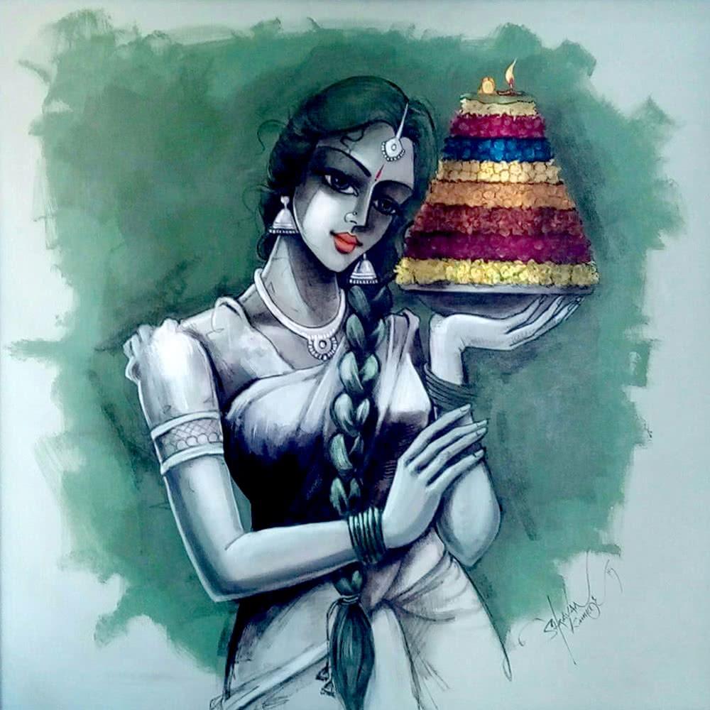Figurative mixed media painting titled 'Bathukamma', 36x36 inches, by artist Shravan Kumar on Canvas
