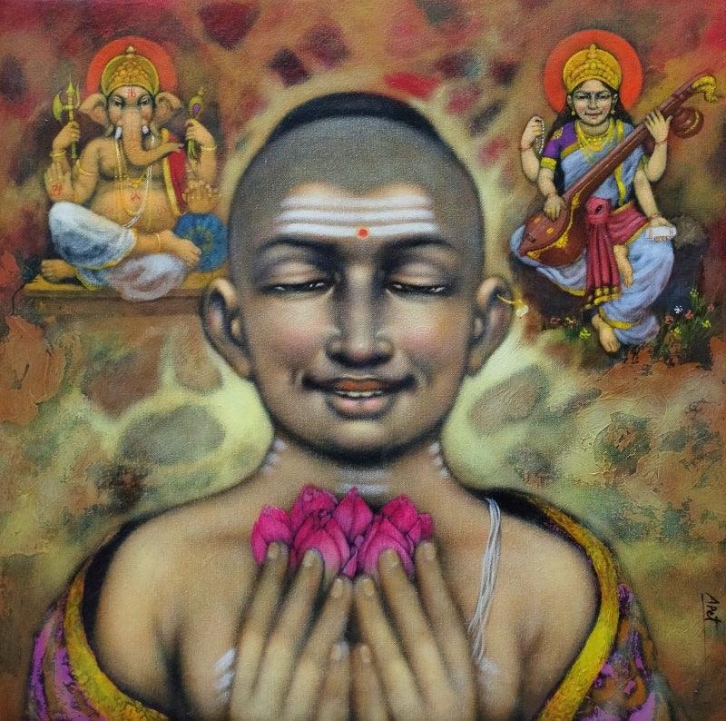 Religious acrylic painting titled 'Batu', 24x24 inches, by artist Apet Pramod on Canvas