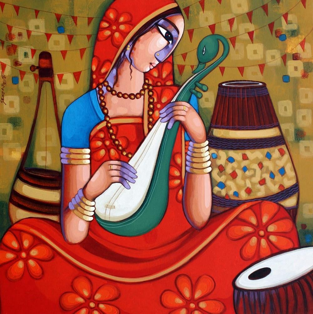 Figurative acrylic painting titled 'Baul 2', 32x32 inches, by artist Sekhar Roy on Canvas