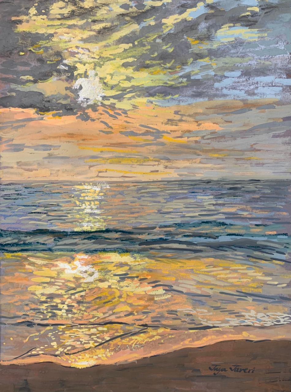 Seascape mixed media painting titled 'Beach', 12x9 inches, by artist Jaya Javeri on Paper