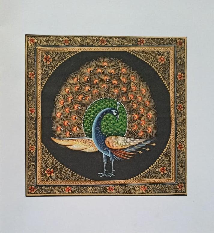 Animals miniature traditional art titled 'Beautiful Peacocks', 7x7 inches, by artist Pichwai Art on Silk