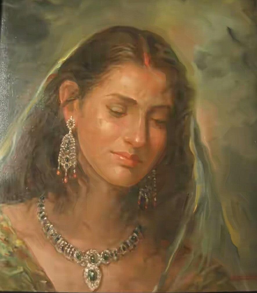 Portrait oil painting titled 'Beauty 1', 21x17 inches, by artist Sabir Hussain on Canvas