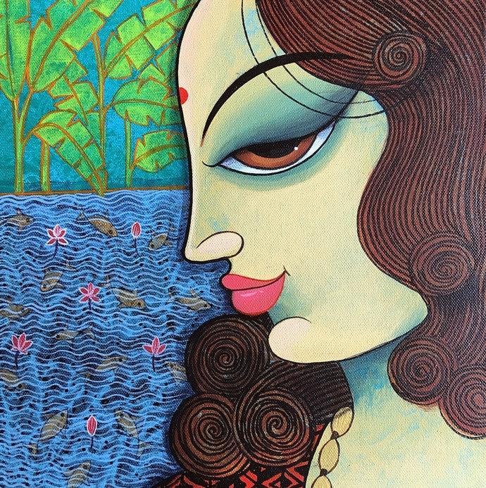 Portrait acrylic painting titled 'Beauty 2', 12x12 inches, by artist Varsha Kharatamal on Canvas