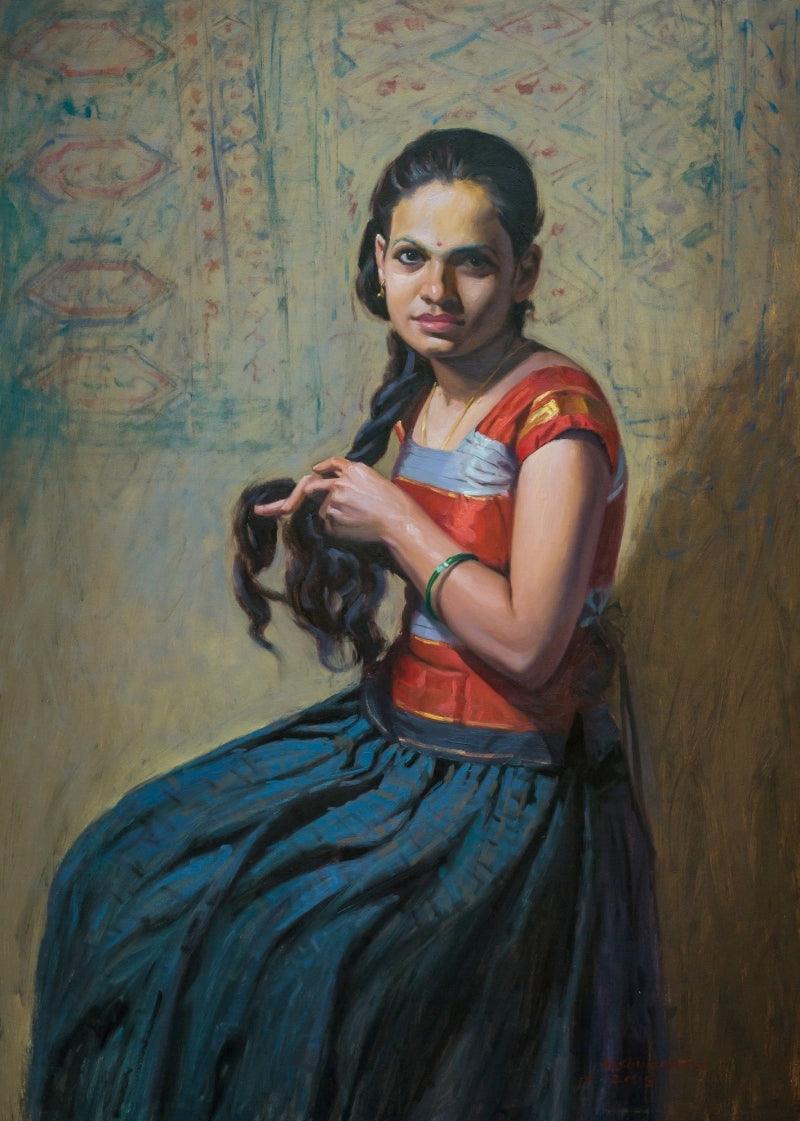 Figurative oil painting titled 'Beauty', 34x24 inches, by artist Mahesh Soundatte on Linen