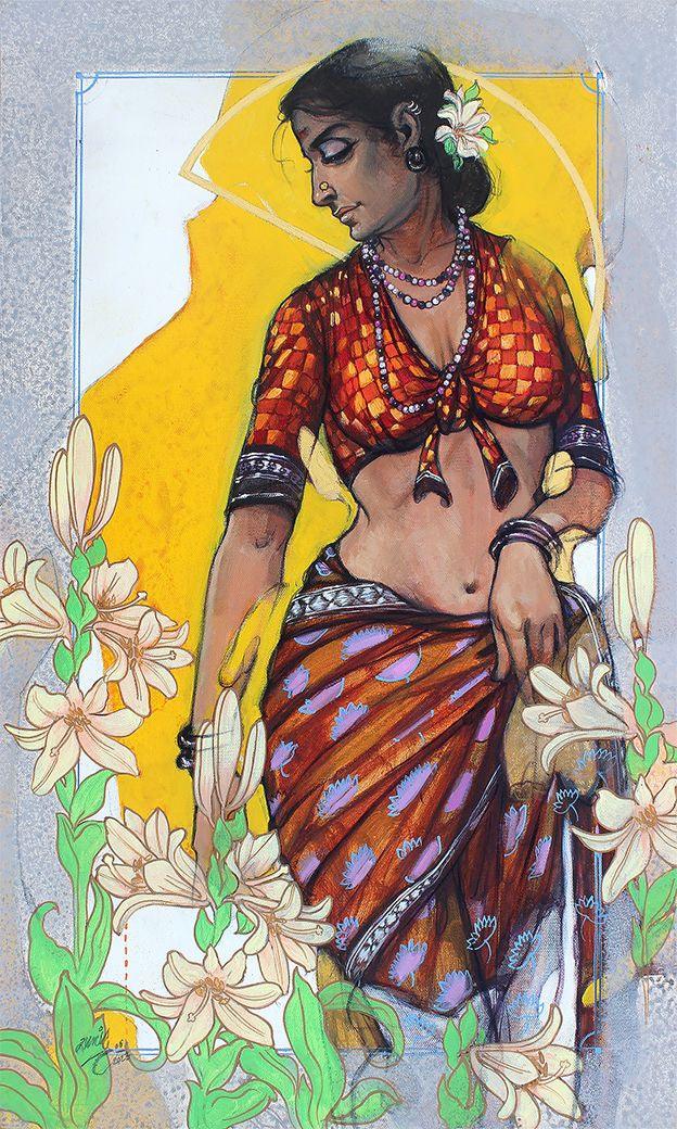 Figurative acrylic painting titled 'Beauty', 30x18 inches, by artist Ramchandra Kharatmal on Canvas