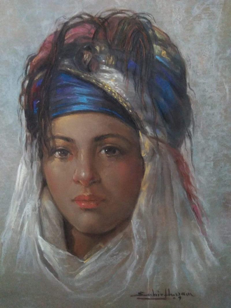 Portrait pastel painting titled 'Beauty', 18x14 inches, by artist Sabir Hussain on Paper