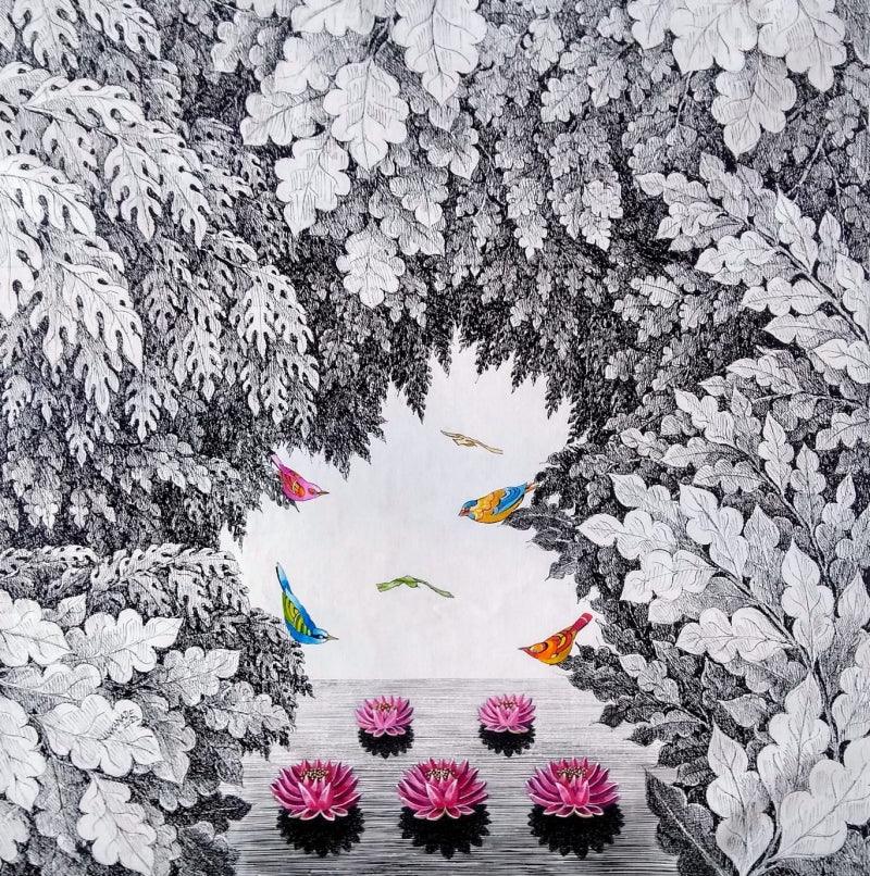 Animals pen ink drawing titled 'Beauty Of Nature', 24x24 inches, by artist Umakant Kanade on Canvas
