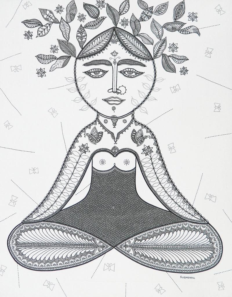 Figurative pen ink drawing titled 'Beauty Of Nature', 30x24 inches, by artist Subhendu Ghosh on Canvas