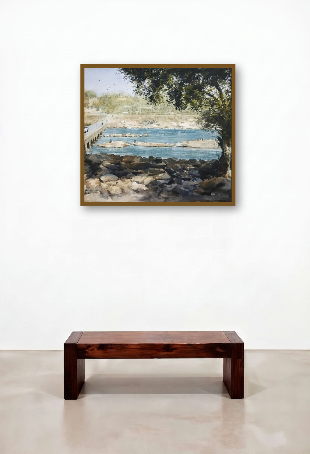 Beauty Of Village (Bridge Over the River) by artist Niketan Bhalerao displayed in a Industrial Dining Room