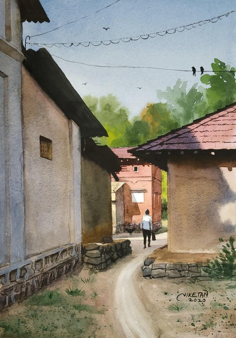 Landscape watercolor painting titled 'Beauty Of Village', 14x10 inches, by artist Niketan Bhalerao on On Paper