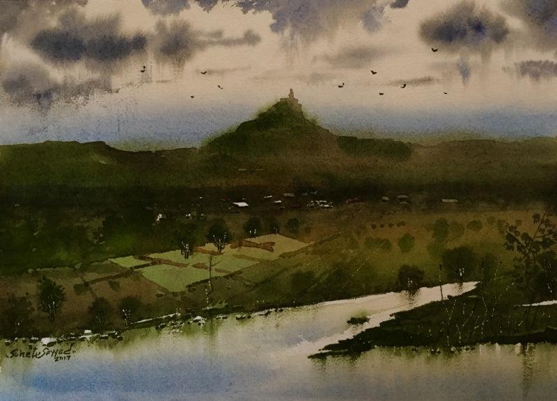Landscape watercolor painting titled 'Beauty of village 2', 16x12 inches, by artist Sohel Sayyad on paper
