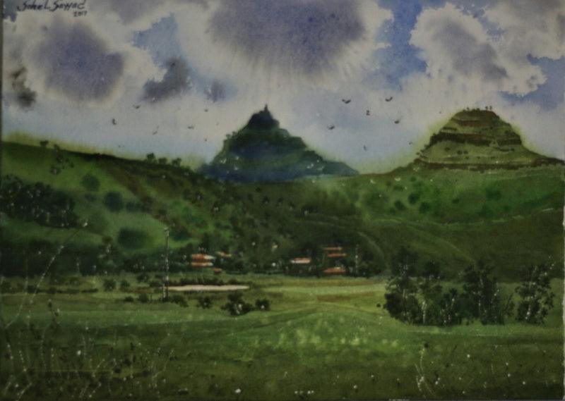 Landscape watercolor painting titled 'Beauty of village 2', 16x12 inches, by artist Sohel Sayyad on paper