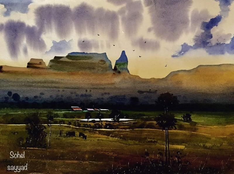 Landscape watercolor painting titled 'Beauty of village', 12x16 inches, by artist Sohel Sayyad on Paper