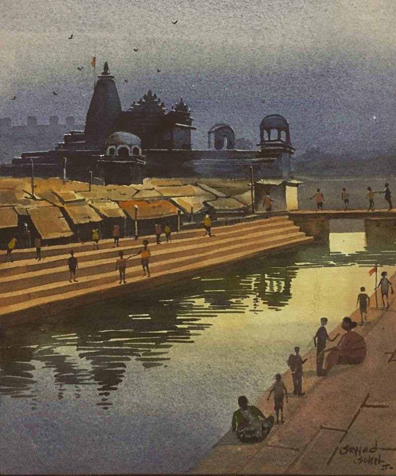 Landscape watercolor painting titled 'Beauty of village', 12x16 inches, by artist Sohel Sayyad on Paper