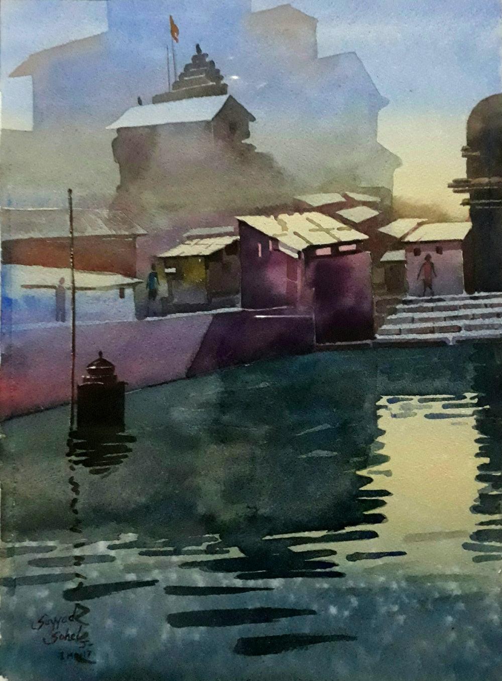 Landscape watercolor painting titled 'Beauty of village', 12x16 inches, by artist Sohel Sayyad on paper