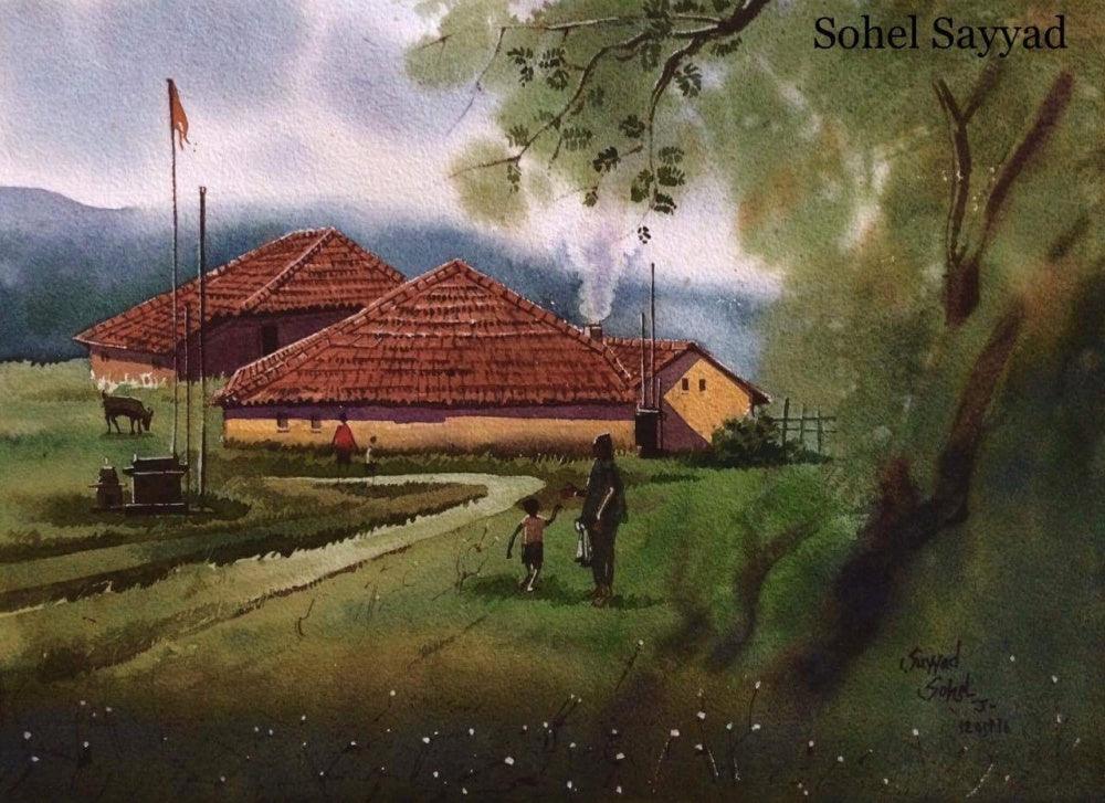 Landscape watercolor painting titled 'Beauty of village', 12x16 inches, by artist Sohel Sayyad on paper