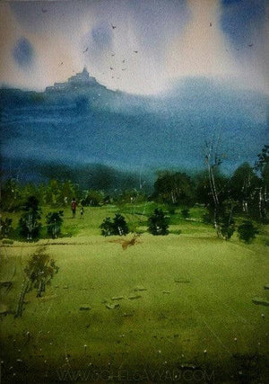 Beauty Of Village (Mountain Vista) by Sohel Sayyad, Original Watercolor Landscape Painting on Paper, Small Vertical Wall Art