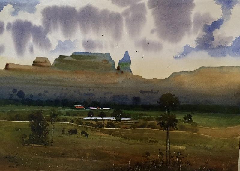 Landscape watercolor painting titled 'Beauty of village', 16x22 inches, by artist Sohel Sayyad on paper