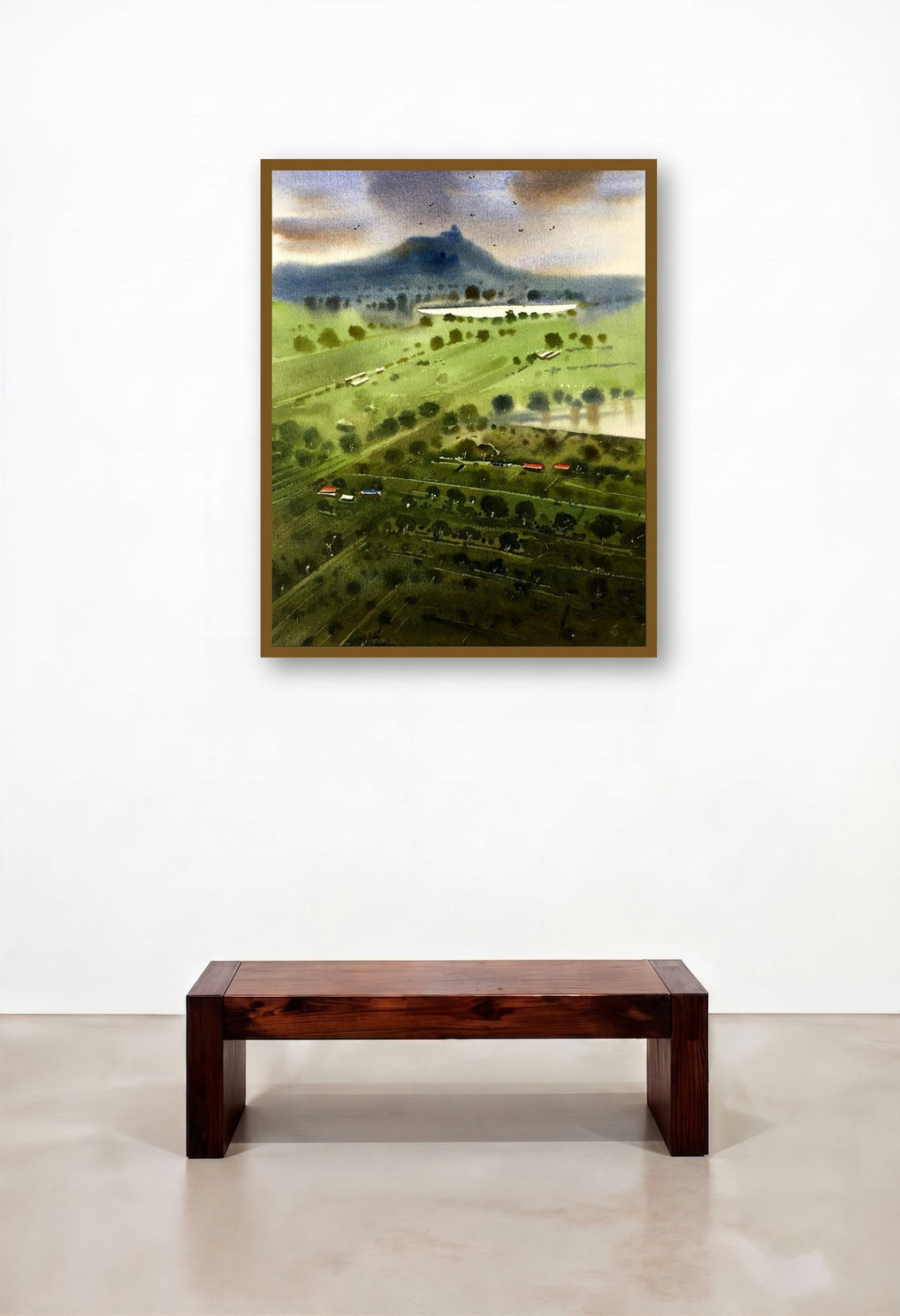Beauty Of Village (Hillside Retreat) by artist Sohel Sayyad displayed in a Modern Executive Office