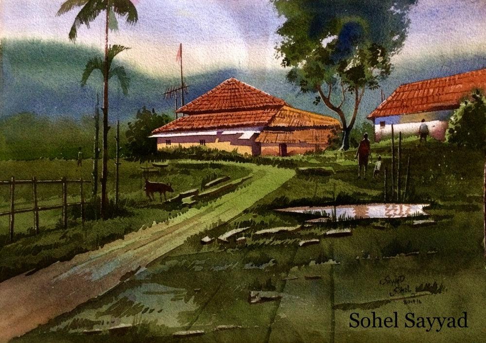 Landscape watercolor painting titled 'Beauty of village', 12x16 inches, by artist Sohel Sayyad on paper