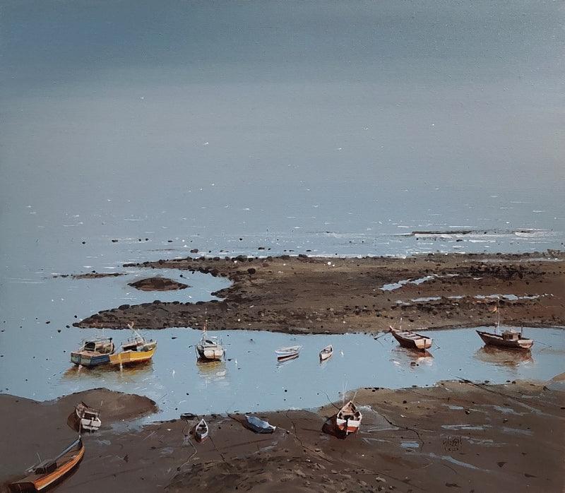 Seascape acrylic painting titled 'Beginning', 21x24 inches, by artist Mangesh Shinde on Canvas