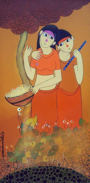 Best Friends (Companionship) by Dnyaneshwar Bembade, Original Acrylic Figurative Painting on Canvas, Medium Vertical Wall Art