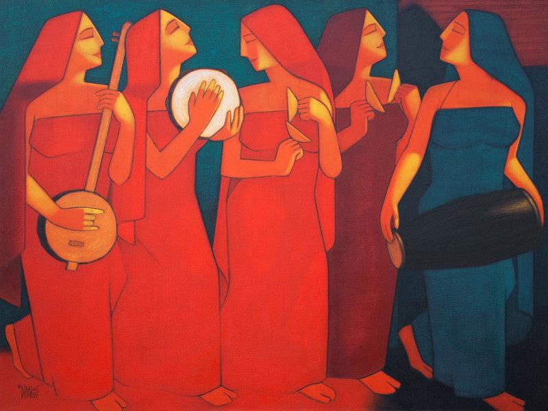 Figurative acrylic painting titled 'Bhajan', 36x48 inches, by artist Dipak Asole on Canvas