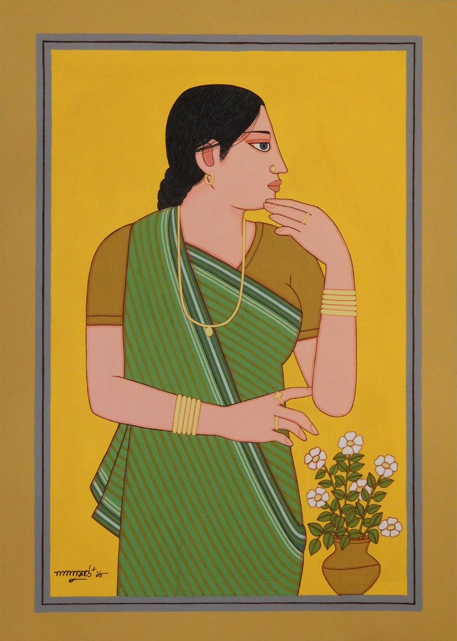 Figurative tempera painting titled 'Bibi', 28x20 inches, by artist Lalu Prasad Shaw on Board