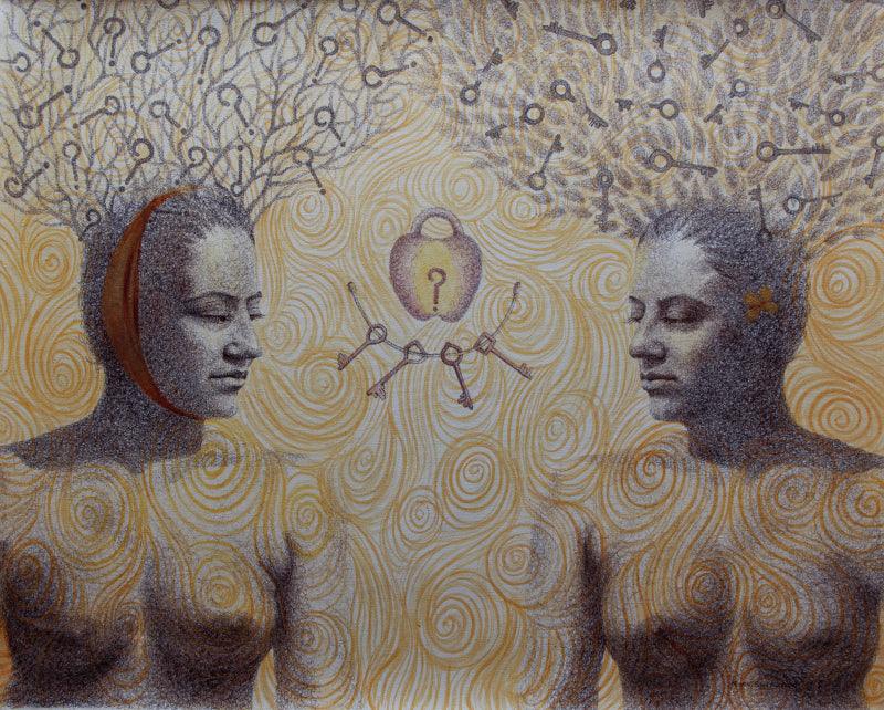 Nude mixed media painting titled 'Bilateral', 26x31 inches, by artist Mansi Sagar on Canvas