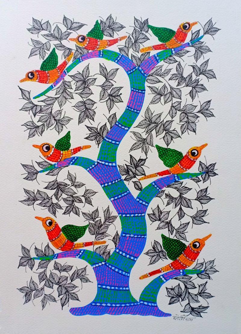 Animals gond traditional art titled 'Birds 1', 14x10 inches, by artist Choti Gond Artist on Paper