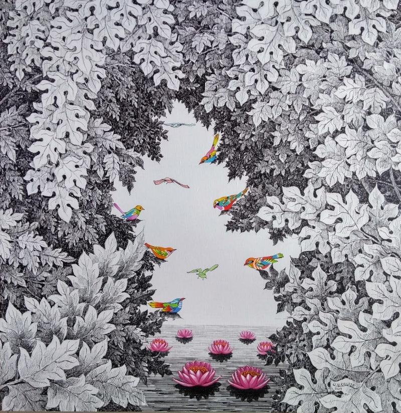Animals pen ink drawing titled 'Birds 1', 24x24 inches, by artist Umakant Kanade on Canvas