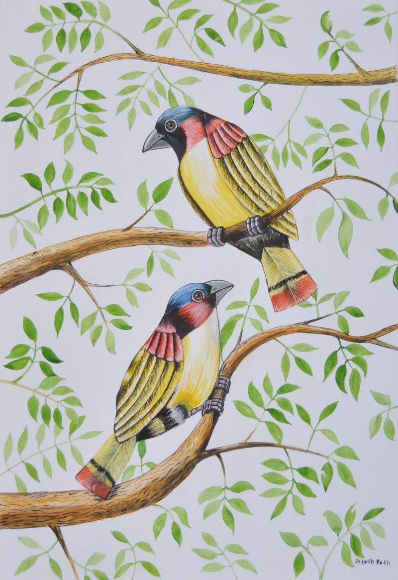 Animals postercolor painting titled 'Birds 2', 17x12 inches, by artist Santosh Patil on Paper