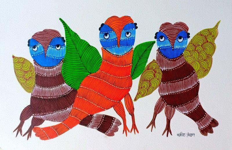 Animals gond traditional art titled 'Birds 2', 10x14 inches, by artist Choti Gond Artist on Paper