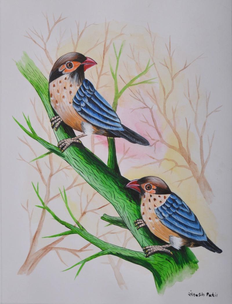 Animals watercolor painting titled 'Birds 224', 12x9 inches, by artist Santosh Patil on paper