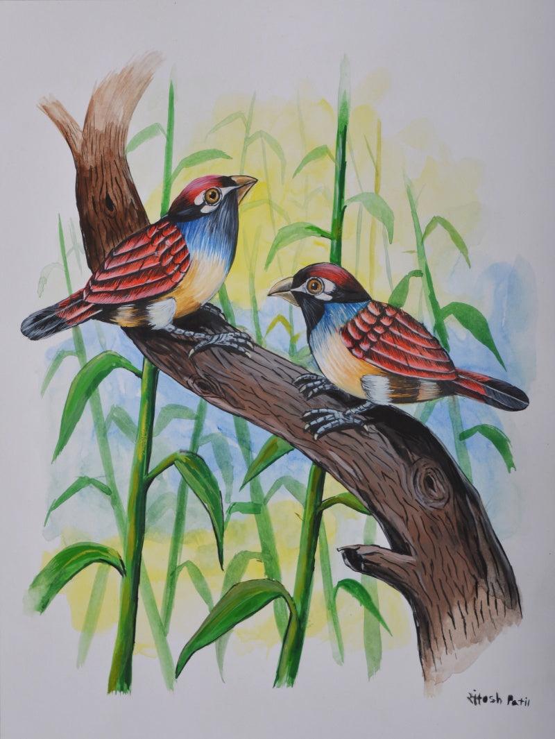 Animals watercolor painting titled 'Birds 225', 12x9 inches, by artist Santosh Patil on paper