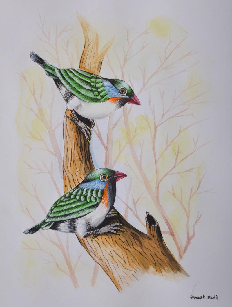 Animals watercolor painting titled 'Birds 226', 12x9 inches, by artist Santosh Patil on paper