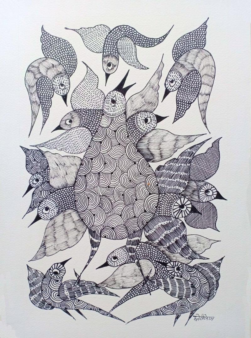 Animals gond traditional art titled 'Birds 4', 14x10 inches, by artist Choti Gond Artist on Paper