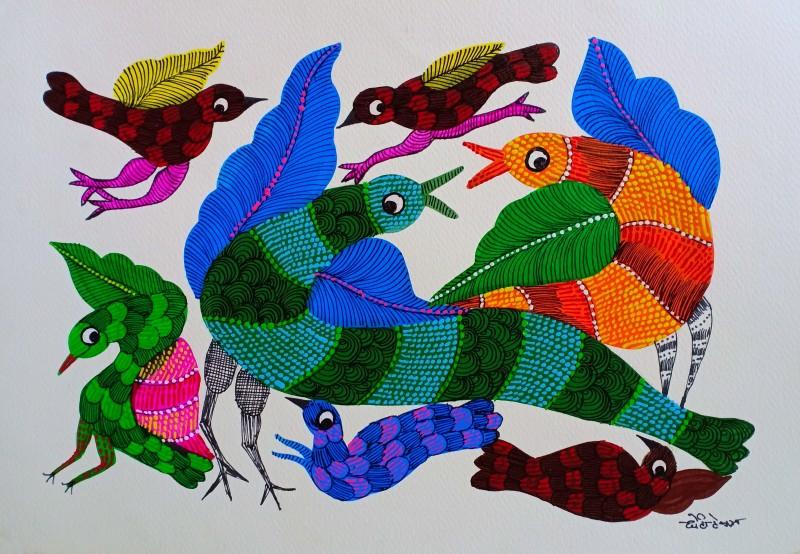 Animals gond traditional art titled 'Birds 5', 14x10 inches, by artist Choti Gond Artist on Paper