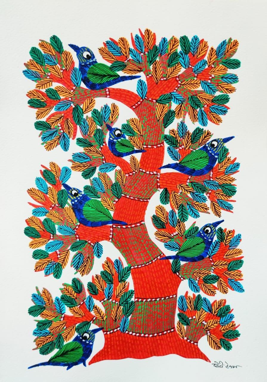 Animals gond traditional art titled 'Birds 8', 14x10 inches, by artist Choti Gond Artist on Paper