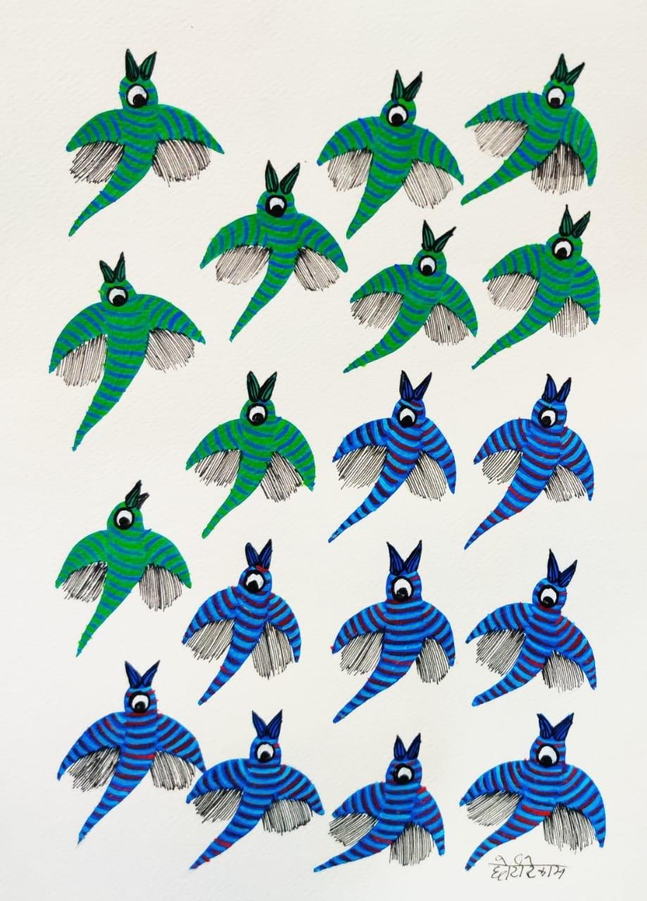 Animals gond traditional art titled 'Birds 9', 14x10 inches, by artist Choti Gond Artist on Paper