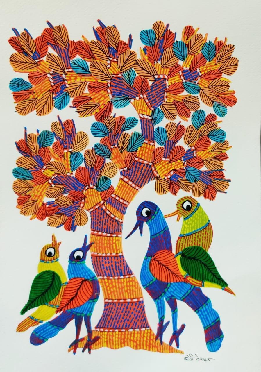 Animals gond traditional art titled 'Birds Under The Tree 1', 14x10 inches, by artist Choti Gond Artist on Paper