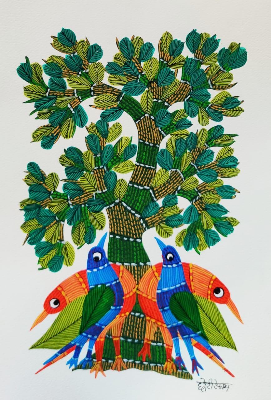 Animals gond traditional art titled 'Birds Under The Tree 2', 14x10 inches, by artist Choti Gond Artist on Paper
