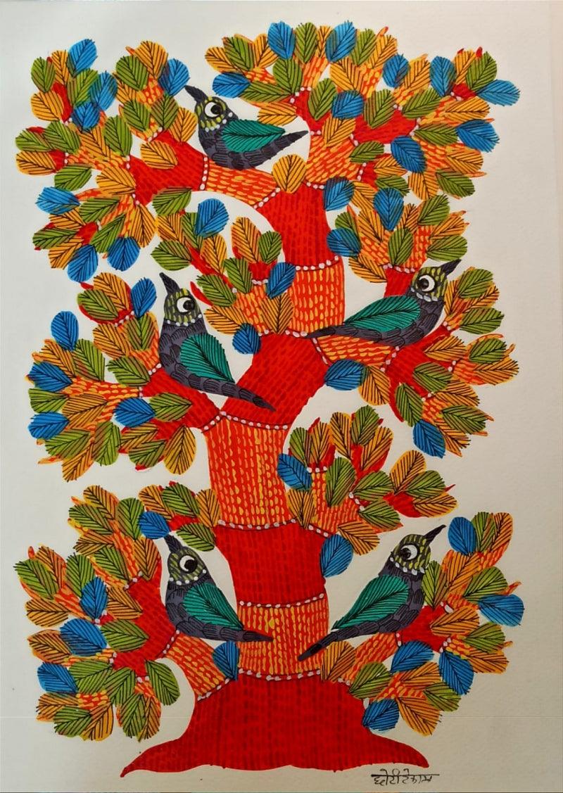 Animals gond traditional art titled 'Birds Under The Tree 4', 14x10 inches, by artist Choti Gond Artist on Paper