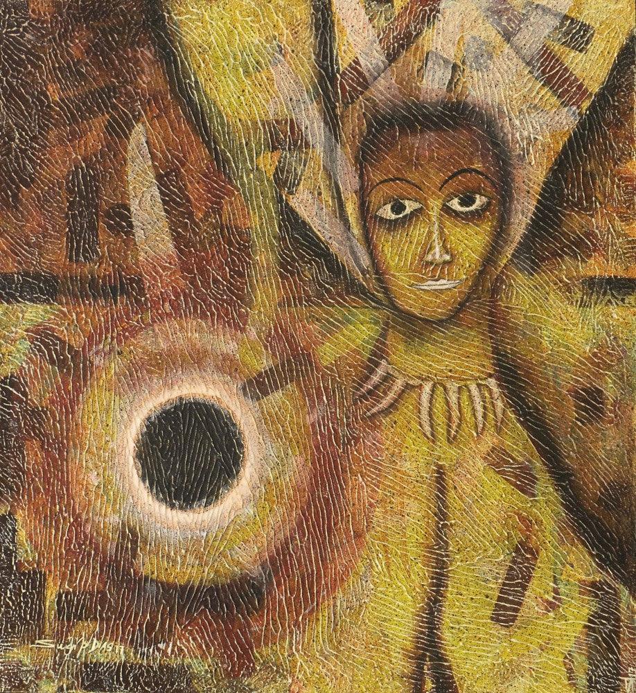 Figurative tempera painting titled 'Black Moon', 24x22 inches, by artist Sudip Das on Canvas Board