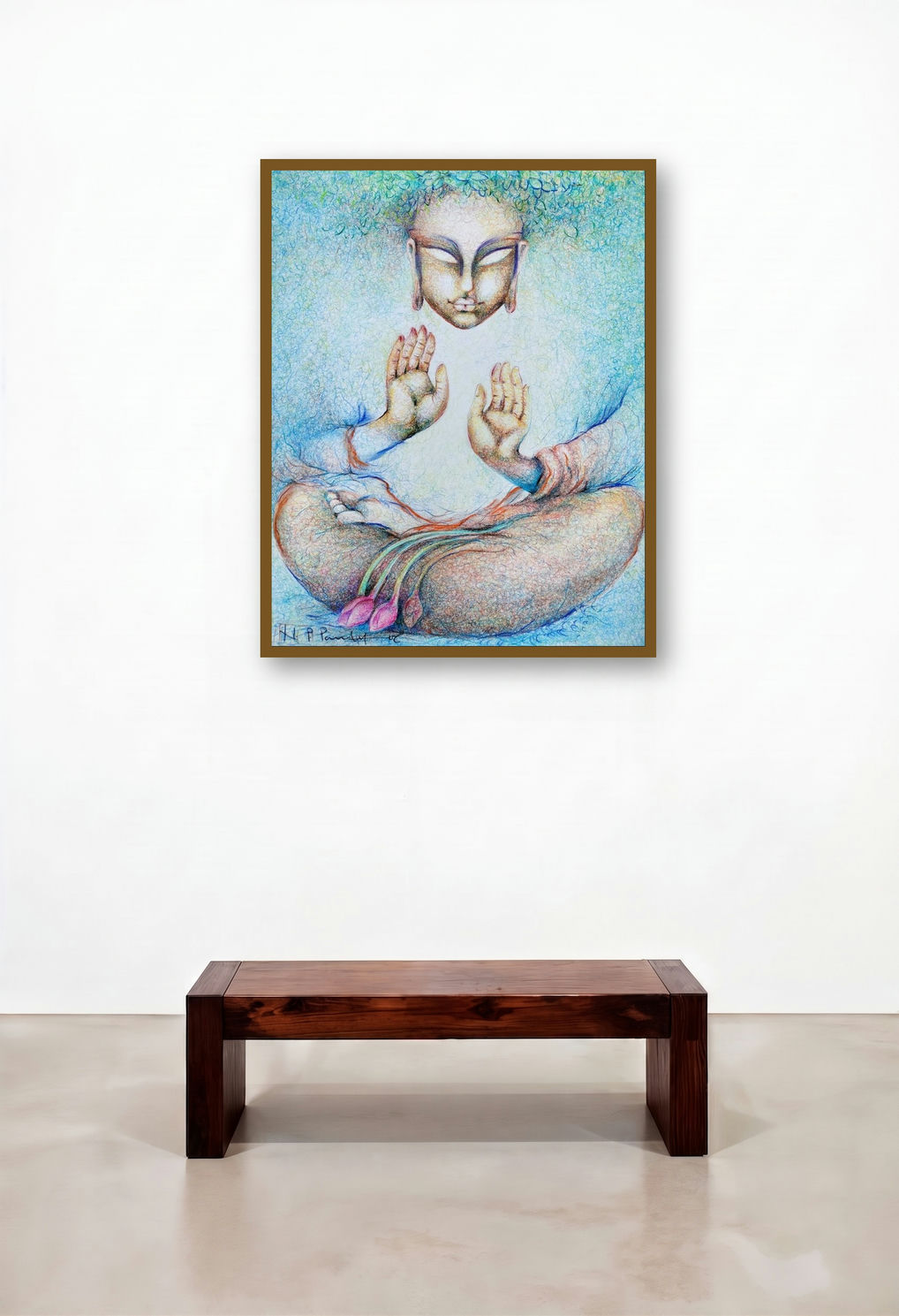 Blessing (Embrace of Union) by artist N P Pandey displayed in a Rustic Foyer