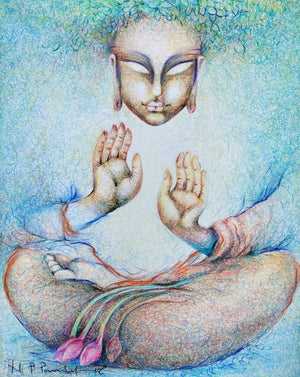 Religious oil pastel painting titled 'Blessing', 27x21 inches, by artist N P Pandey on Paper