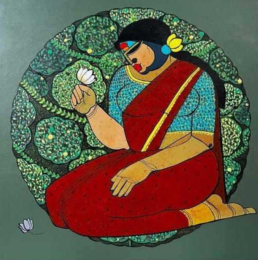 Figurative acrylic painting titled 'Blooming', 24x24 inches, by artist Priyanka Chivte on Canvas