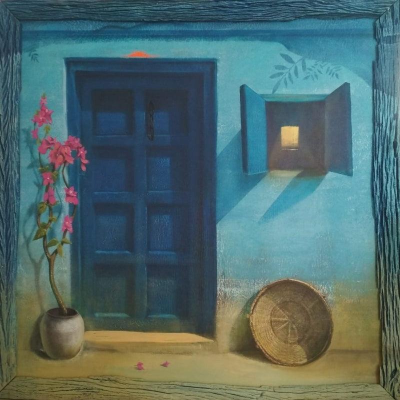 Still-life acrylic painting titled 'Blue Door 2', 60x60 inches, by artist Gopal Pardeshi on Canvas