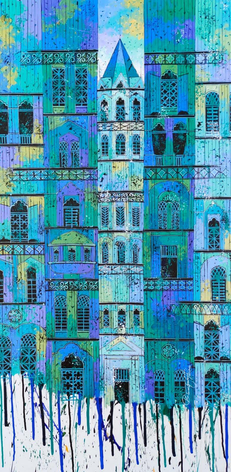 Cityscape acrylic painting titled 'Blue Green City', 48x24 inches, by artist Suresh Gulage on Canvas